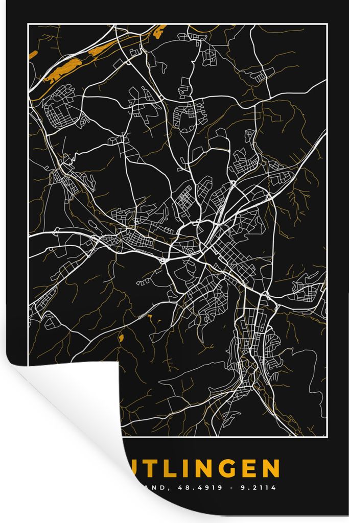 MuchoWow Wandtattoo Wandsticker Wandaufkleber Reutlingen - Gold - Stadtplan - Karte - Deutschland 60x90 cm Selbstklebend und Repositionierbar - S...