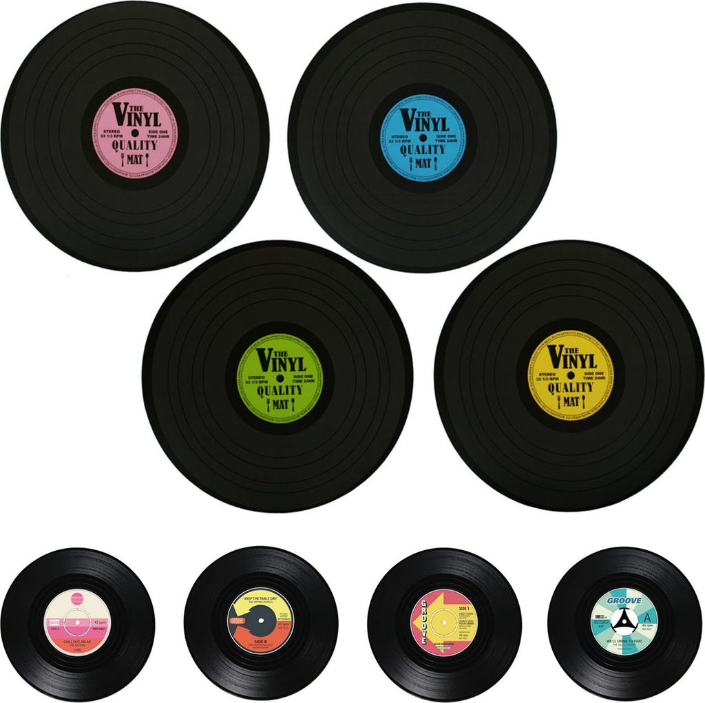 4x Tischset Ø 39 cm Tischmatte & 4x Glasuntersetzer Ø 11 cm Vinyl Schallplatte Tisch Untersetzer Rund