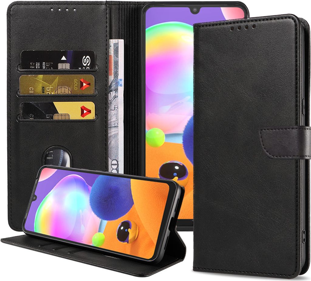 Passend für Samsung Galaxy A31 Handytasche Kunstleder mit magnetischer Lippe und Kartenhalter Buchhülle mit Klappe - Schwarz - Smartphonics