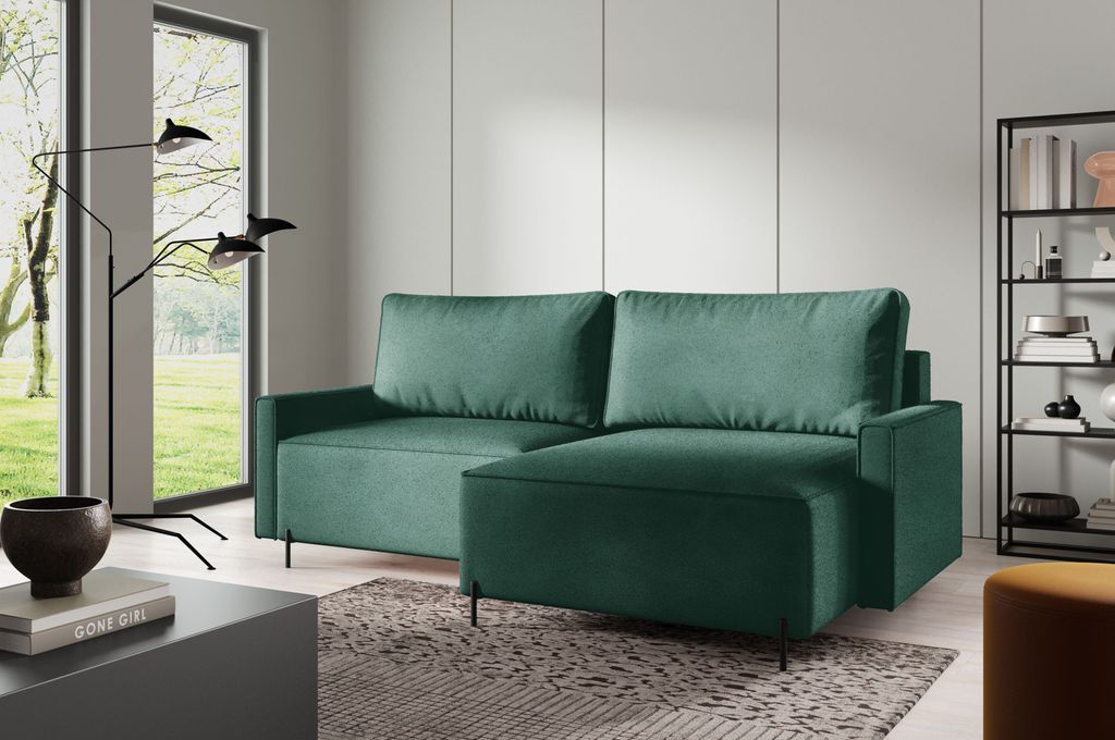 3 Sitzer Ecksofas in L-Form ANTONIO EVER L, Ottomane rechts/links, Schlaffunktion & Bettkästen, Eckarniutur, Couch in Bouclé - Optic Grün