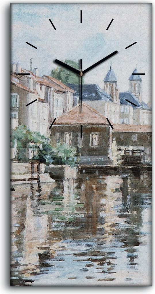 Wandbild Leinwand Bilder mit Uhr Quarz 30x60 Stadt Fluss Baum Wasser Frankreich - schwarze Hände