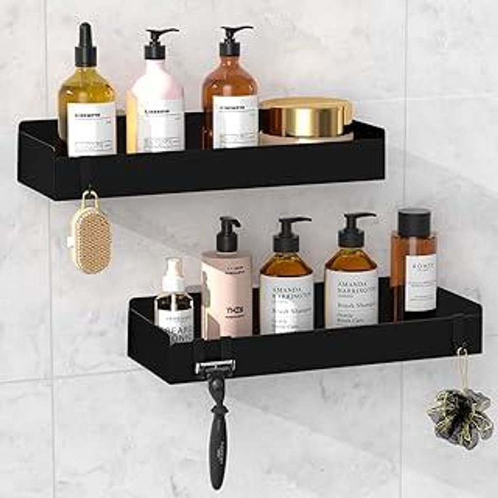 Wisfame Duschablage Ohne Bohren, 2 Stück Rostfreie Badezimmer Organizer, 30cm Duschregal mit 8 Haken, Shampoo Halterung für Dusche, Matt Schwarz ...
