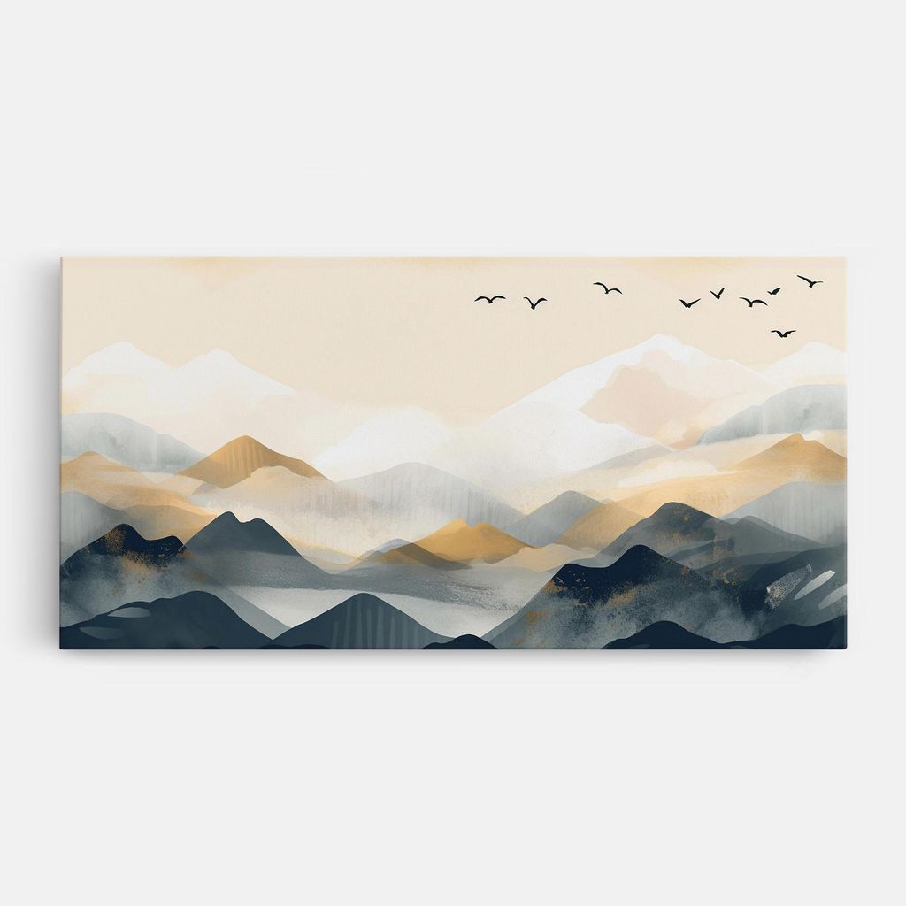 ARTHUB Leinwandbild 40x80 cm, Gold Foggy Blue | Wohnzimmerdekoration, Hängende Bilder, Wanddekoration, Heimdekoration, Landschaften, Berge