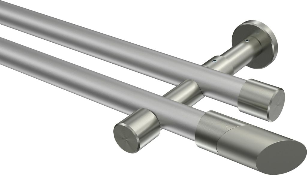 Interdeco Gardinenstange / Vorhangstange Silbergrau / Edelstahl-Optik, Typ Prestige Verano (Schräge) ohne Ringe, 20 mm Ø 2-läufig, 280 cm