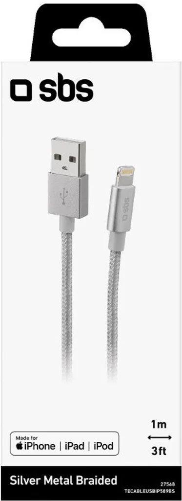 Câble Lightning 1m Argent SBS TECABLEUSBIP589BS haute résistance USB