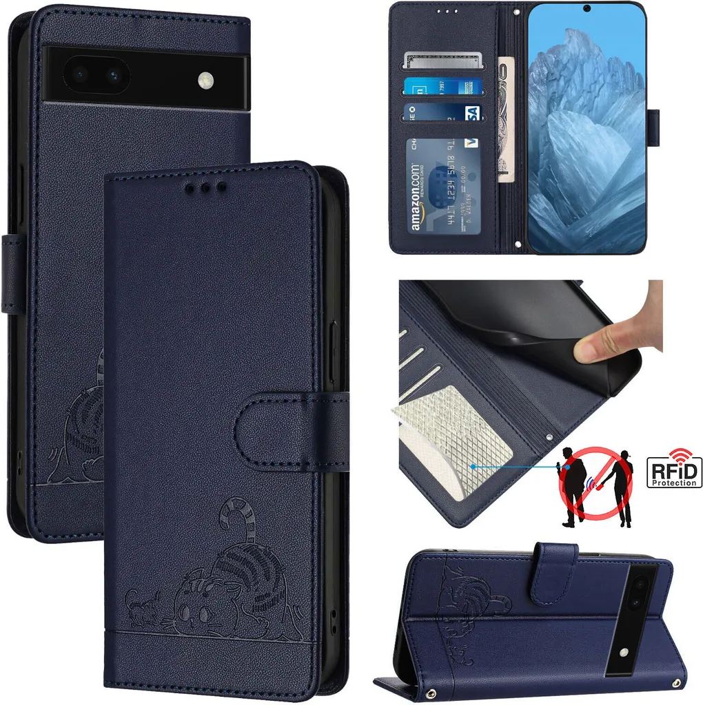Custodia Google Pixel 6A Gatto Blu - Cover Portafoglio in Pelle PU