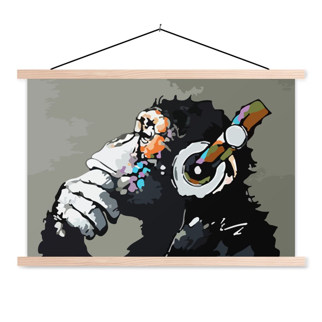 MuchoWow Textilposter Gemälde - Ölgemälde - Affe - Kopfhörer 120x80 cm mit holzfarbenen Rahmen - Aufhängeset