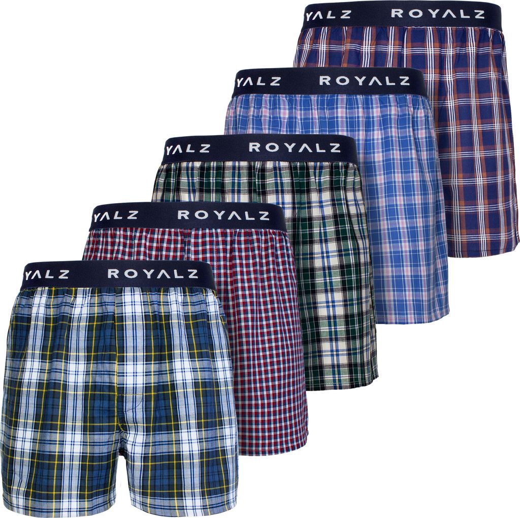 ROYALZ Boxershorts American Style für Herren 5er Pack - weite Männer Unterhosen Baumwolle klassisch Blau Kariert Unterwäsche weit