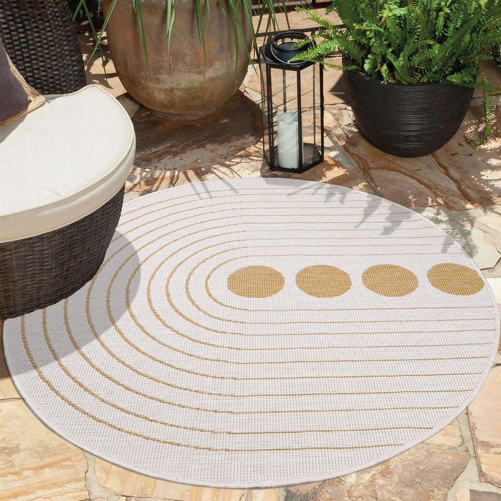 Teppich Outdoor Wetterfest - Ockergelb, Creme - Wendeteppich - 160 cm Rund - Kreis-Muster