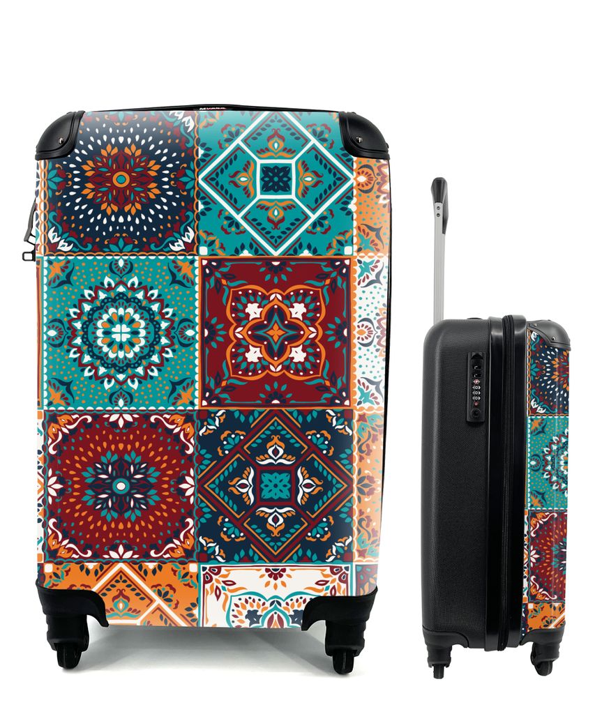 MuchoWow Koffer Handgepäck Trolley Rollkoffer Kleine Reisekoffer mit 4 Rollen - Retro - Blatt - Design - Orange - Braun - Cabin Size < 55x40x23 ...