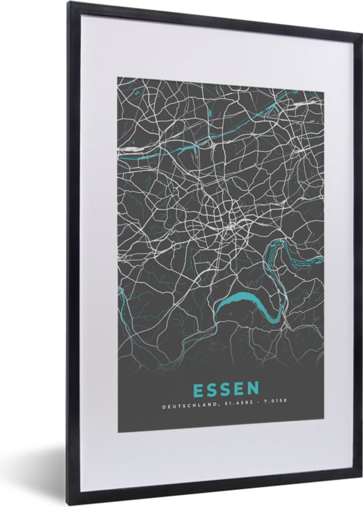 MuchoWow Gerahmtes Poster Deutschland - Blau - Essen - Stadtplan - Karte 40x60 cm - Poster mit Schwarzem Bilderrahmen Wandposter Rahmen Foto Bild...
