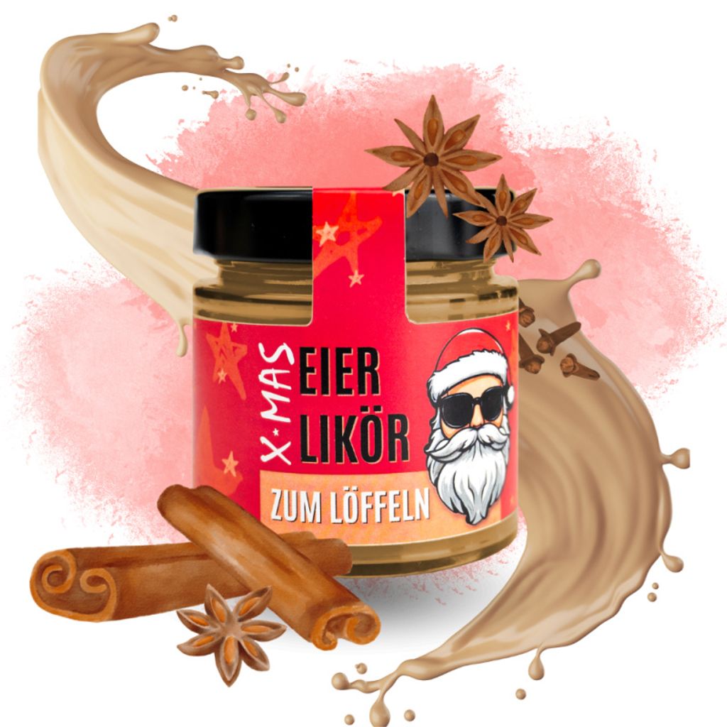 A jar of Christmas egg liqueur with festive decorations and ingredients like cinnamon sticks and star anise, surrounded by splashes of cream.