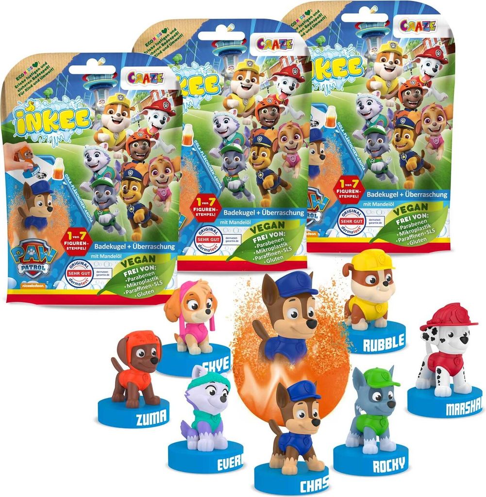 INKEE - Surprise Paw Patrol Badebomben Kinder mit Überraschung Überraschungs-Badekugel mit Stempel 3er-Multipack - Badezusatz Kinder