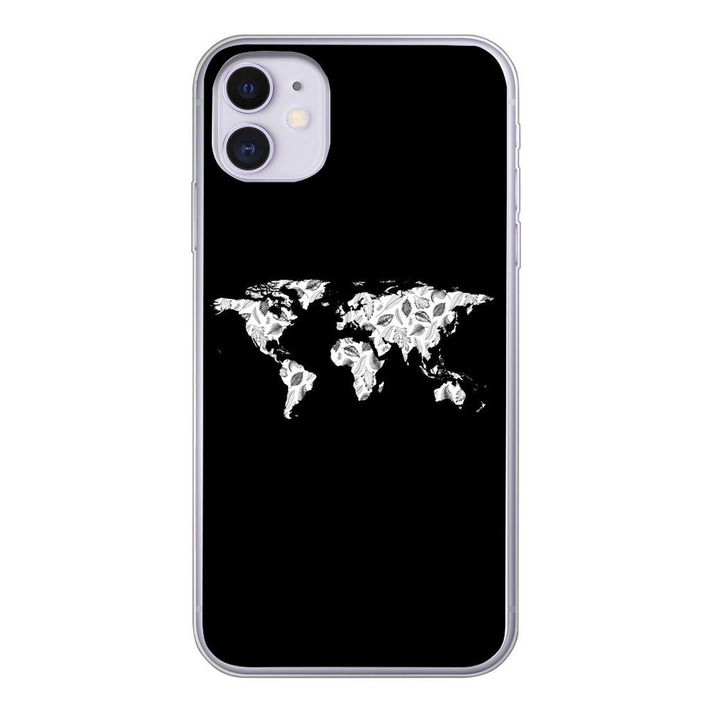 MuchoWow Handyhülle Schutzhülle Hülle für iPhone 11 Weltkarte - Blätter - Schwarz Silikon Softcase Handy Hülle - Handytasche