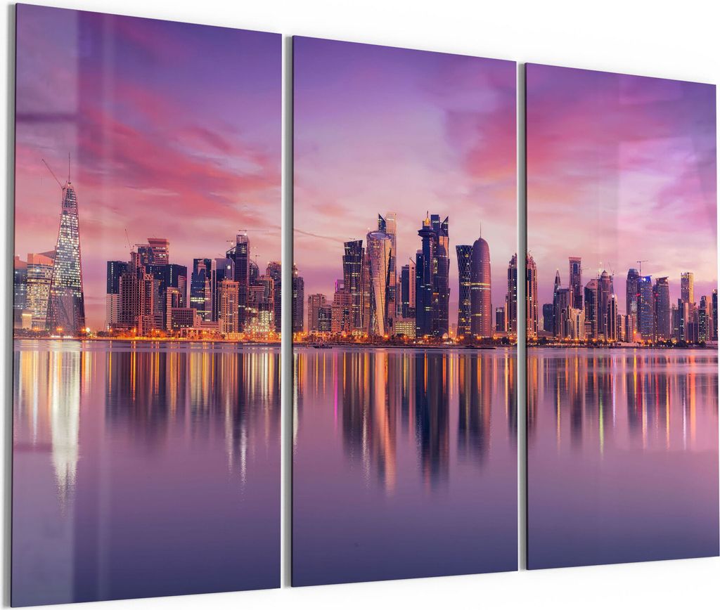 DEQORI Glasbild Echtglas 3x50x100 cm 'Blick auf Doha vom Wasser' Wandbilder XXL groß