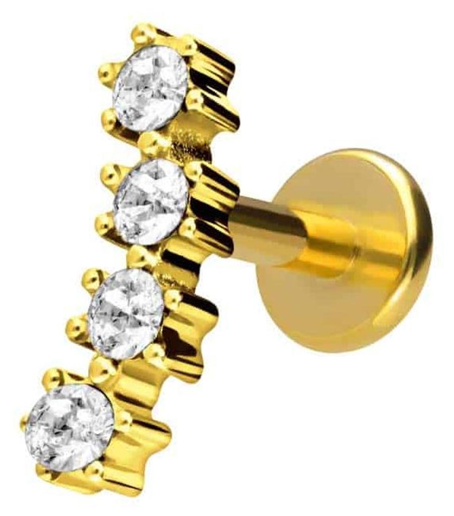 Ohrpiercing, Nasenpiercing Titan Labret mit Innengewinde 4 EINGEFASSTE KRISTALLE Gold Stablänge: 8mm | Stabstärke: 1,2mm