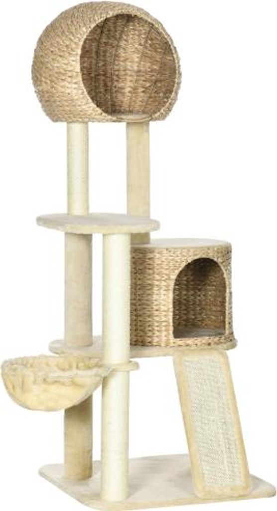 Kratzbaum Beige 60x60x150cm Katze Mit Katzenhaus Aus Rattan Mehrere Plattformen Haengematte Rampe Kippschutz Pluesch