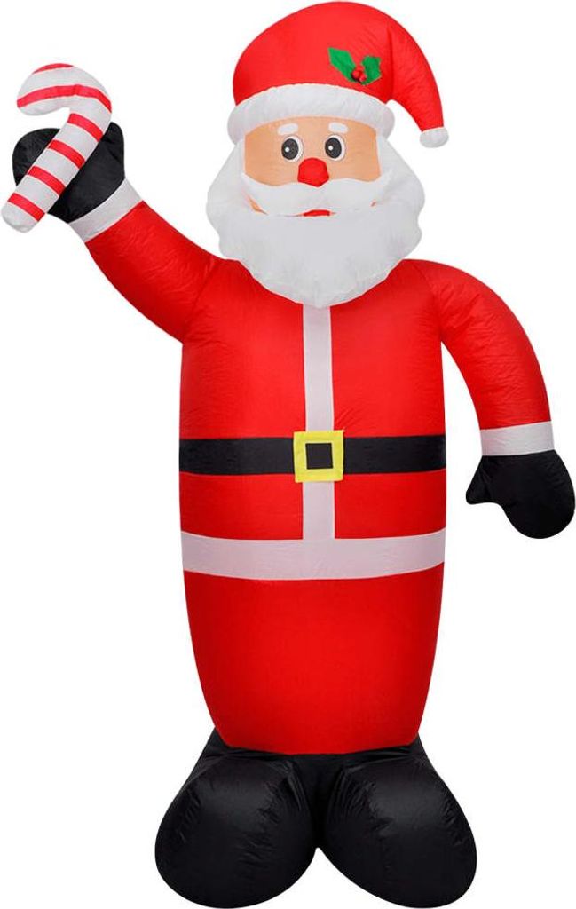 An inflatable Santa Claus holding a candy cane.