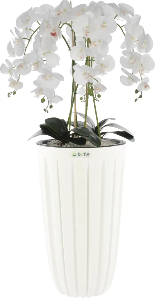 Orchidea Artificiale Bianca Bouquet a Cascata in Vaso con Scanalature Bianco, H 100 cm, Fiori Gommati, 5 Germogli Decorazione Bella Elegante Per Casa, Ufficio, Regalo Perfetto