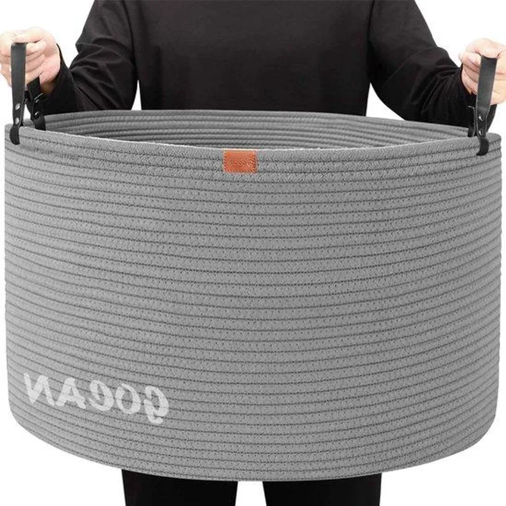 Panier à linge décoratif en coton gris - Corbeille de rangement 55x35 cm