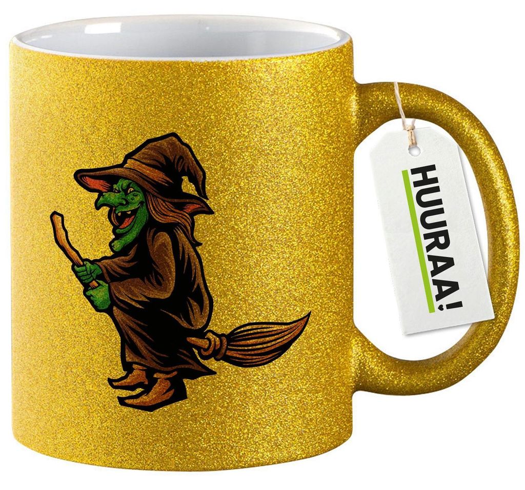 Huuraa Glitzertasse Hexe Halloween 330ml Gold Keramik Kaffeebecher Geschenkidee