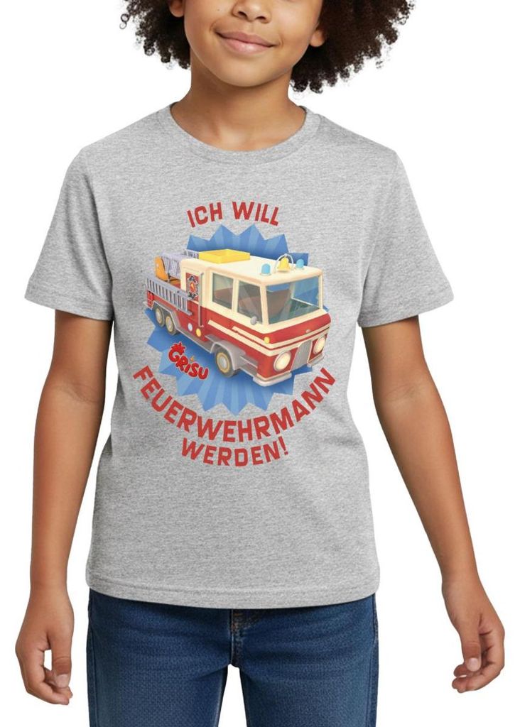 Spreadshirt Grisu Der Kleine Drache Feuerwehrmann Werden Kinder T-Shirt, 98/104 (3-4 Jahre), Grau meliert
