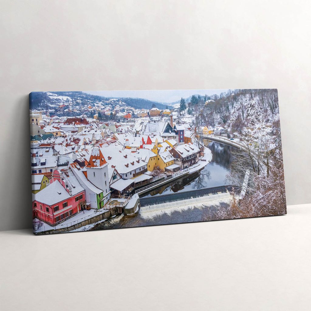 Panorama der Stadt Krumau im Winter – Leinwandbild Wandbild – 100x50 cm – Leinwandbilder – Wandbilder – Schlafzimmer – Flur