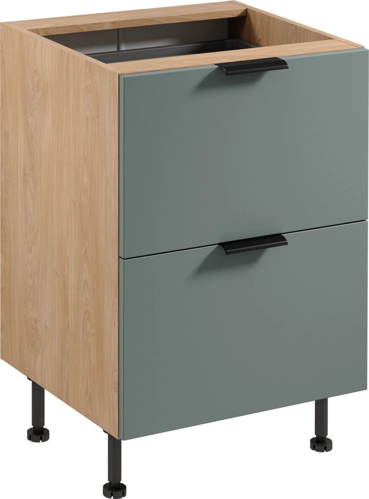 Küchenunterschrank 60 cm ohne Arbeitsplatte mit 2 Schubladen, Sorento D60S2 AX, Grün/Sonoma Eiche