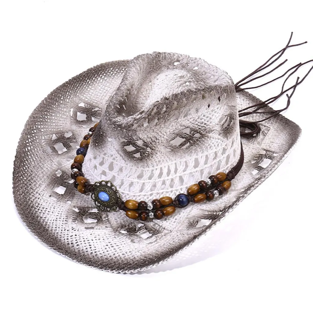 Cappello Cowboy Paglia con Perline - Stile Western Estivo Traspirante