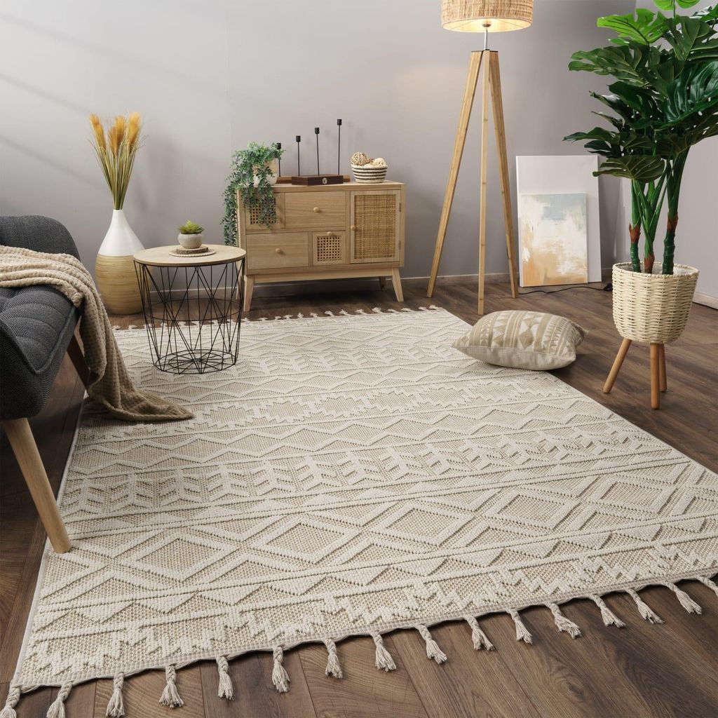 Teppich Kurzflor Natur Wohnzimmer schmutzabweisend Creme Rechteckig 80x150 | 100% Polypropylen, Rücken aus Baumwolle | Florhöhe: 7 mm | pflegeleicht