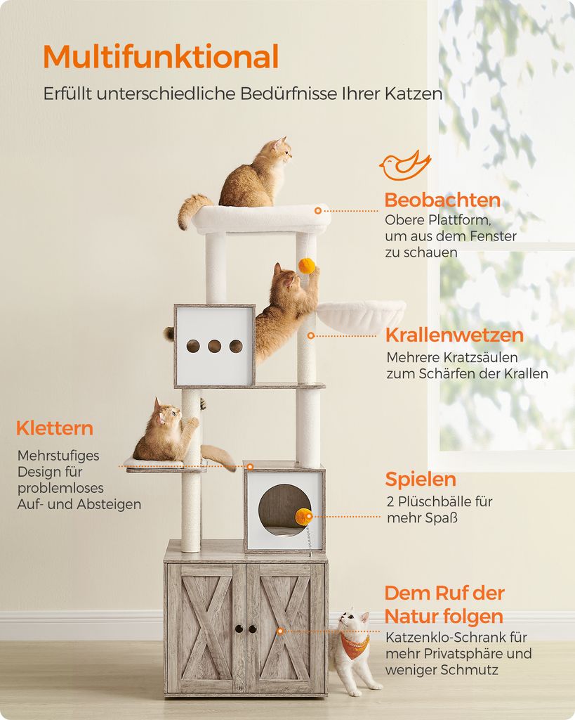 Feandrea Kratzbaum, mit Katzenklo-Schrank, 185cm, Produktbild 3