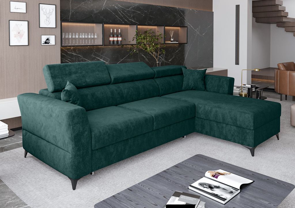 AX LIVING Ecksofa klein mit Schlaffunktion Bettkasten Ribella 265 cm türkis L-Form Rechts