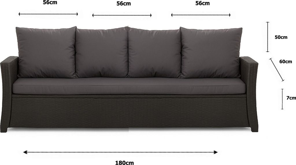 A studio shot of a dark gray sofa with dark gray cushions, with dimensions indicated by lines and text.
