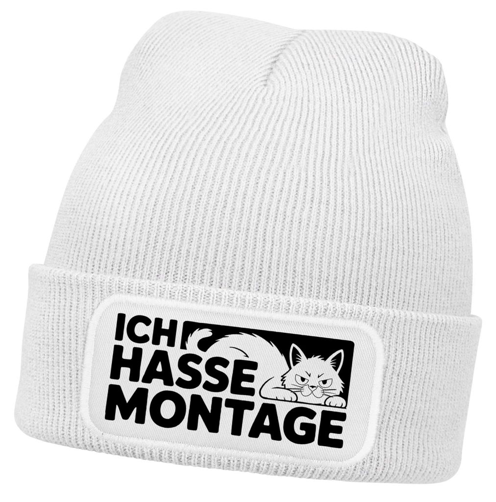 Herren Beanie Spruch Hasse Montage Strickmütze Aufdruck Anti Motivation Lustig Mütze Männer Moonworks