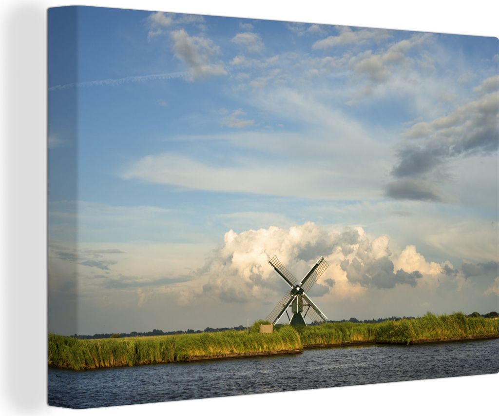 OneMillionCanvasses - Leinwandbilder - Bild auf Leinwand Wandbild Leinwandbild Windmühle in der friesischen Landschaft, 90x60 cm, Kunstdruck Wan...