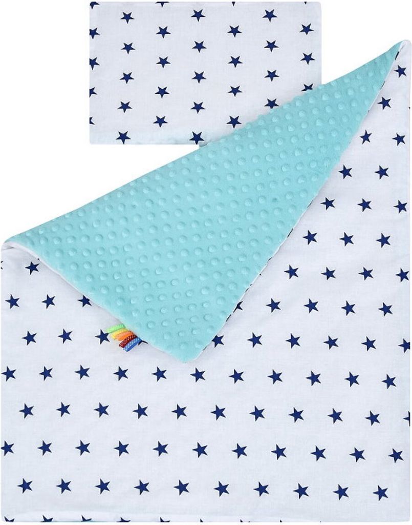 Baby-Delux Babydecke Kinderwagen Kissen Set Nicky Plüsch Baumwolle doppelseitig Blue Stars - Türkis