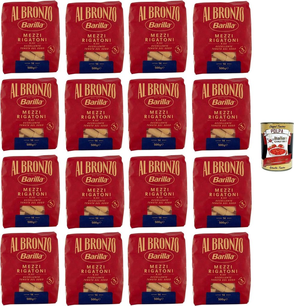 Al Bronzo Pasta Mezzi Rigatoni Bronze Gezogene Pasta Rohe Verarbeitungsmethode 16x 500gr + Italian Gourmet polpa 400g
