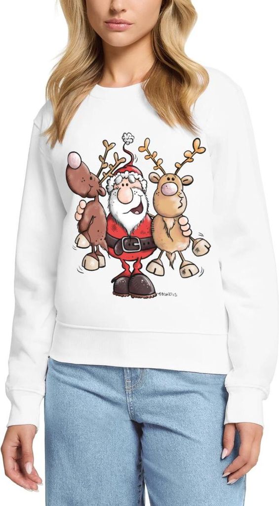Spreadshirt Fröhlicher Weihnachtsmann Mit Rentieren Cartoon Stil Damen Premium Pullover, XXL, Weiß