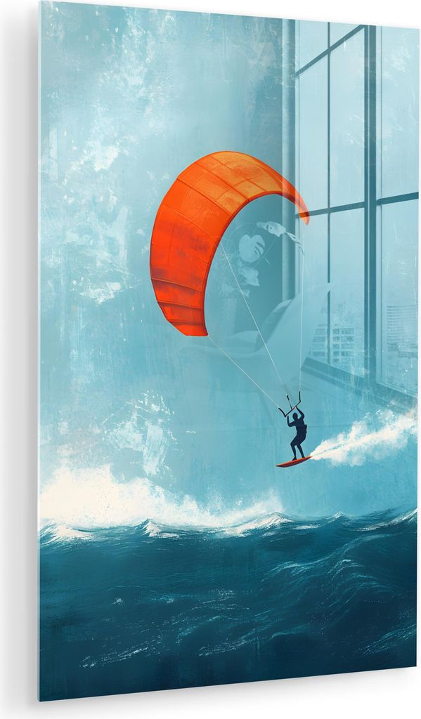 MuchoWow Glasbilder - Bilder auf Wandbild - Foto auf Glas Kitesurfer - Orange - Meer - Himmel 80x120 cm Wanddekoration aus Glas - Acrylglasbild - A...