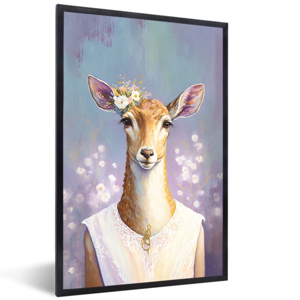MuchoWow Gerahmtes Poster Hirsche - Blumen - Gemälde - Porträt - Tiere 60x90 cm - Poster mit Schwarzem Bilderrahmen Wandposter Rahmen Foto Bild...
