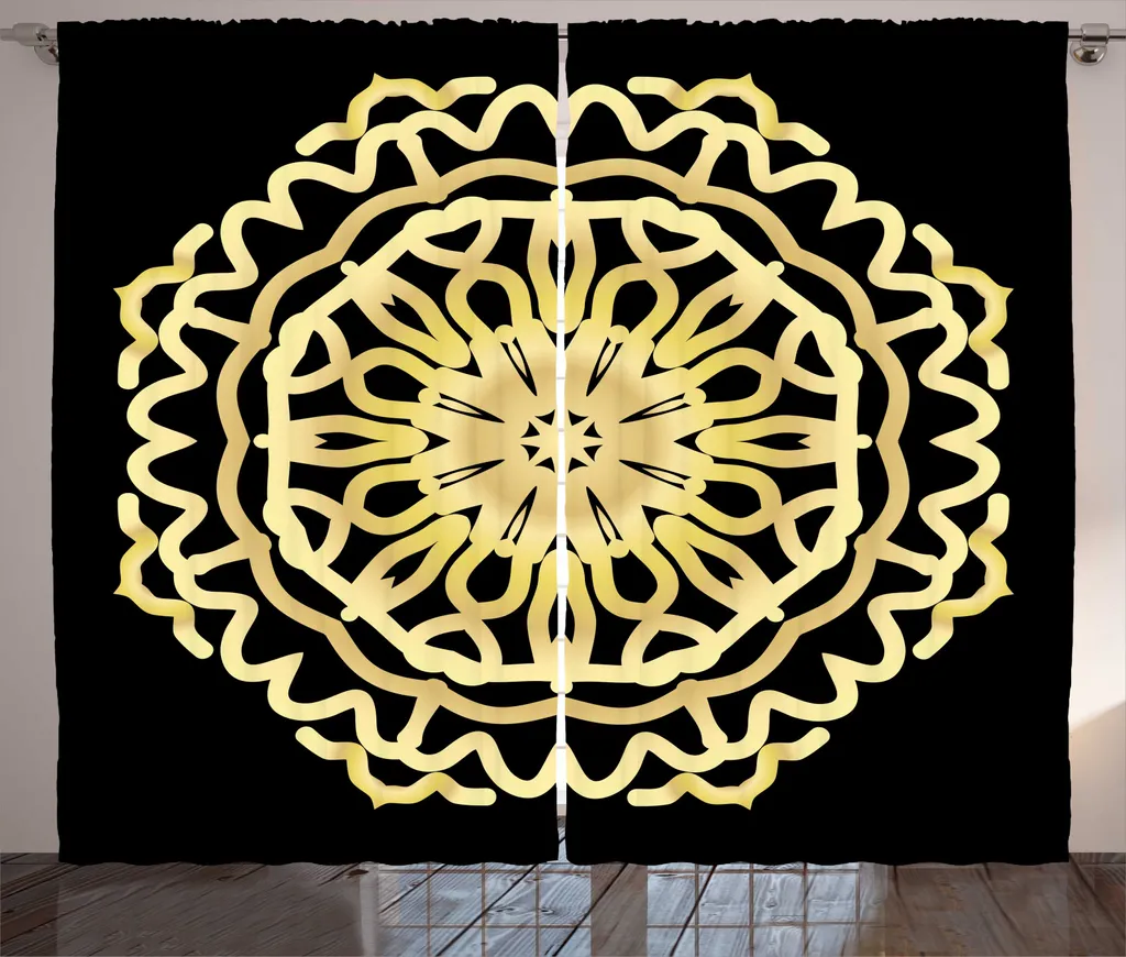 Rideau Mandala Moderne Noir et Jaune en Tissu Universel 280x225 cm