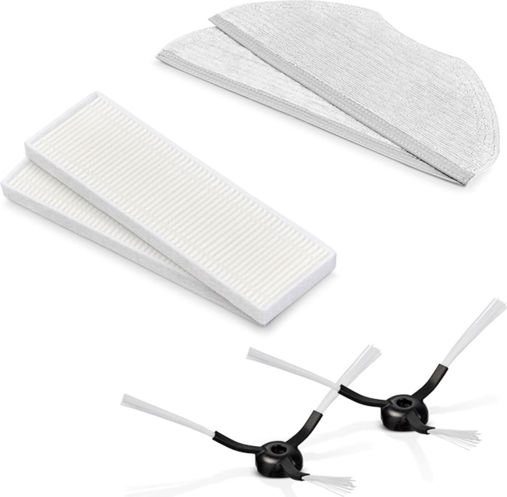 A set of cleaning accessories for a robot vacuum cleaner, including filters and side brushes.
