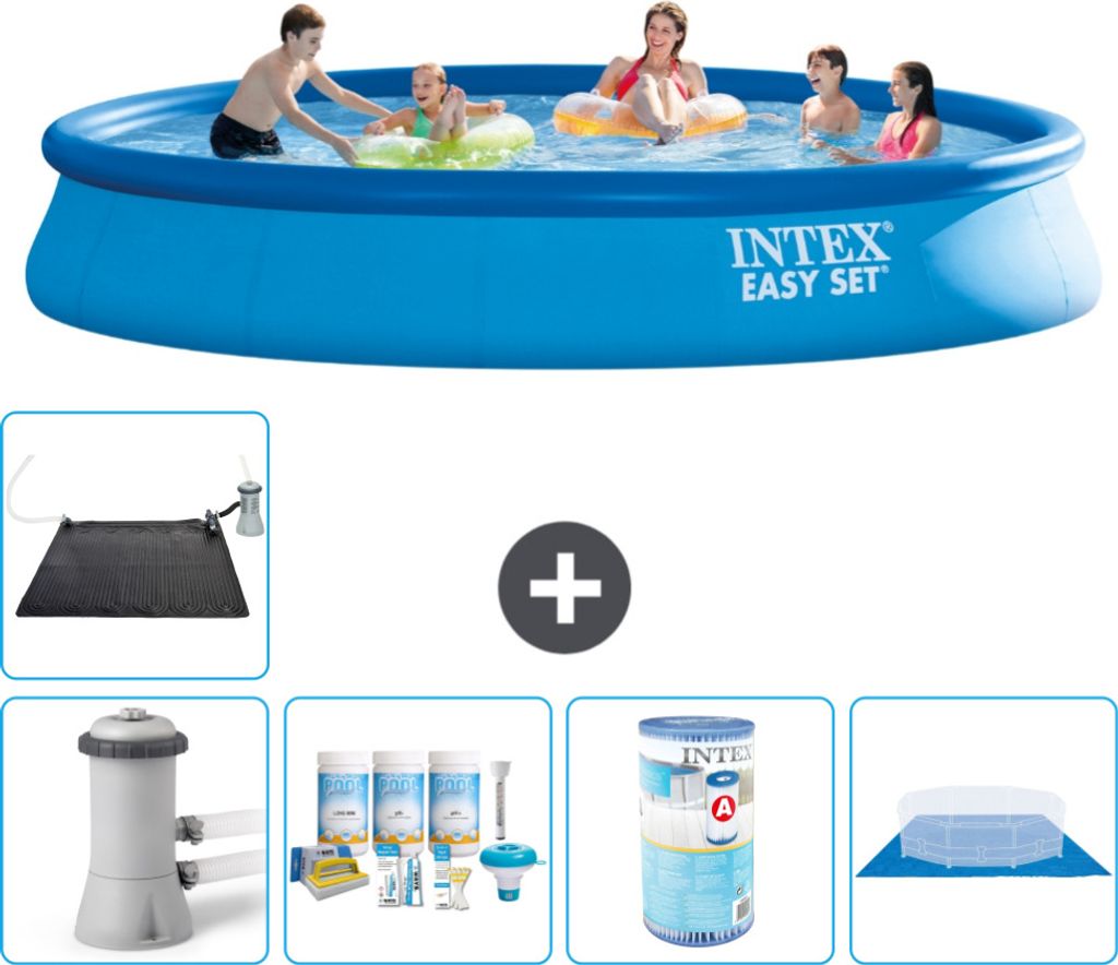 Intex runder aufblasbarer Easy Set-Schwimmpool – 457 x 84 cm – Blau – inklusive Pumpe Wartungspaket - Filter - Bodenplane - Solarmatte