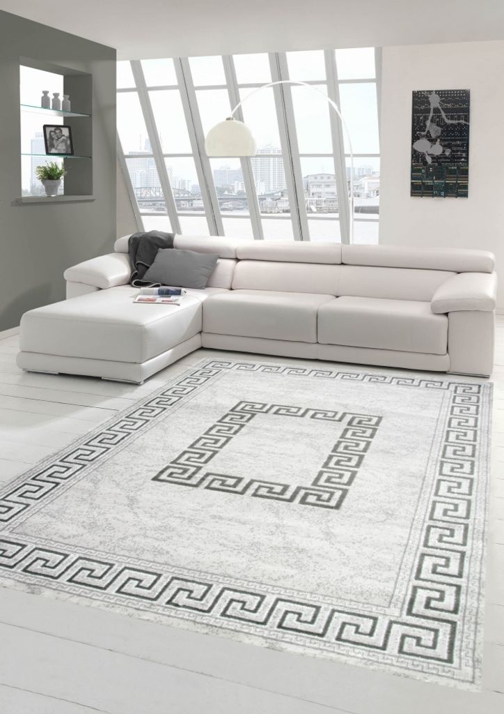 Moderner Teppich Orientteppich mit Glitzergarn mit Bordüre in Grau Größe - 80 x 300 cm