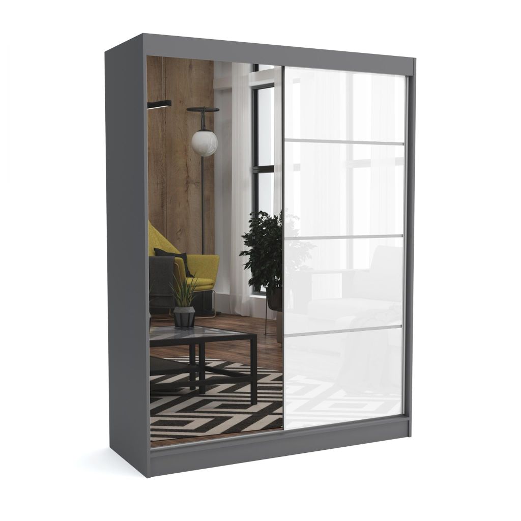 Brent - Kleiderschrank mit Spiegel Suzan, Schlafzimmerschrank mit 1 Kleiderstange und Einlegeböden für Kleidung, 180x215x60 cm, Grau Matt