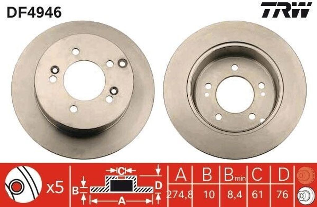 TRW DF4946 Bremsscheibe OE 584111D000 kompatibel mit Carens