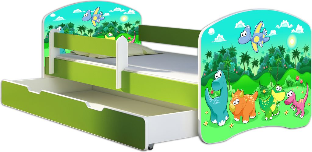 ACMA Jugendbett Kinderbett Junior-Bett Komplett-Set mit Matratze Lattenrost und Rausfallschutz Grün 30 Dino 160x80 + Bettkasten
