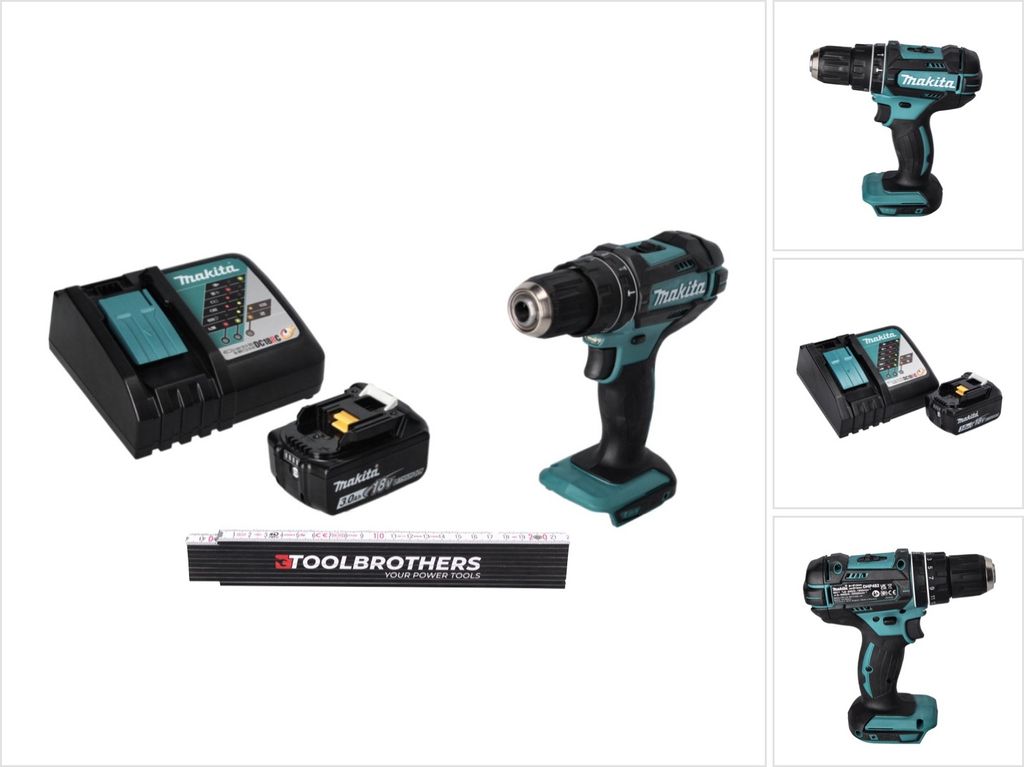 Toolbrothers Gliedermaßstab + DHP 482 RF1 Akku Schlagbohrschrauber 18 V 62 Nm + 1x Akku 3,0 Ah + Ladegerät