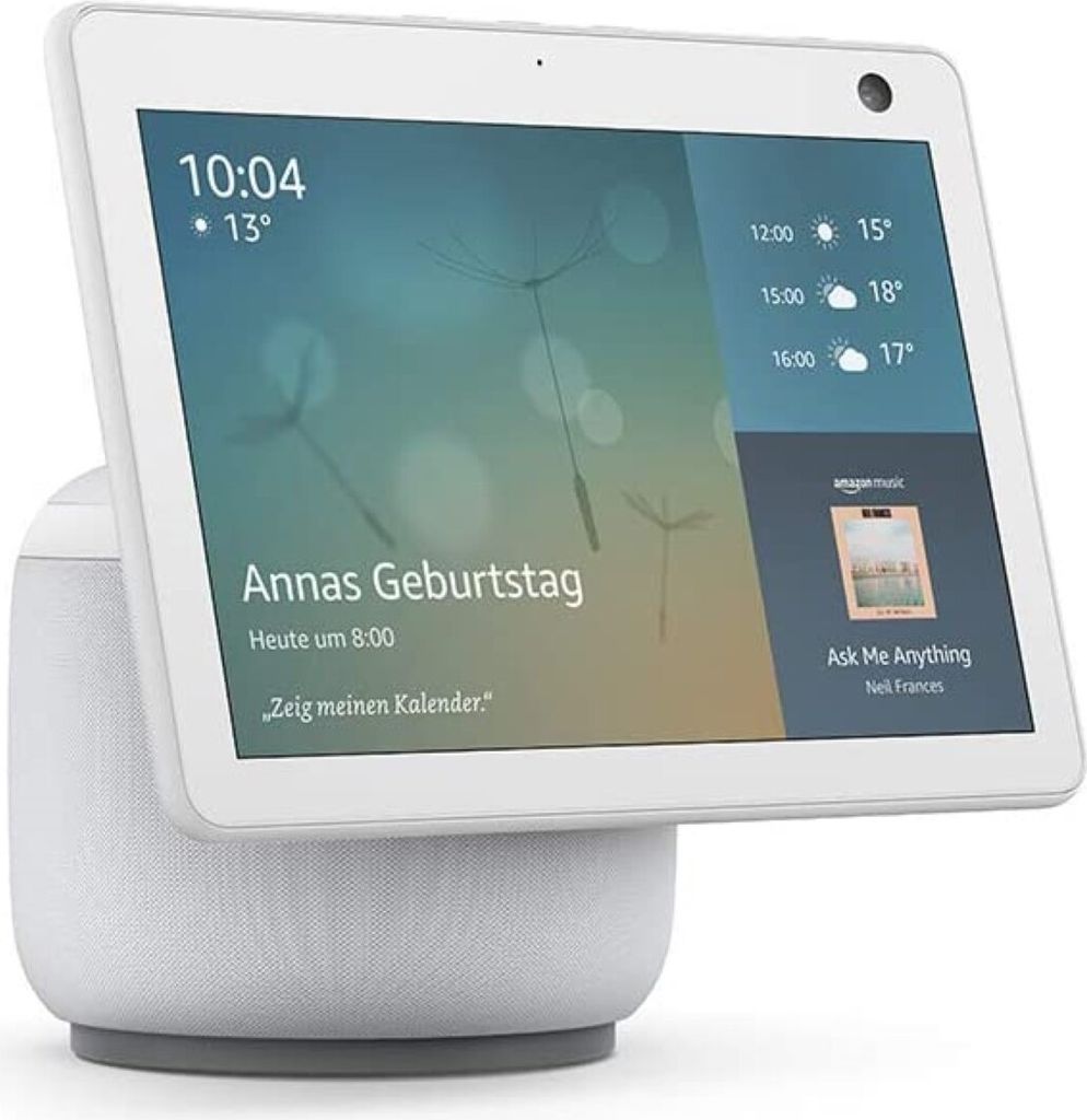 Amazon Echo Show 10 (3. Generation) 25,6 cm (10,1 Zoll) Hochauflösendes Smart Display mit Bewegungsfunktion und Alexa, Weiß, und generalüberholt