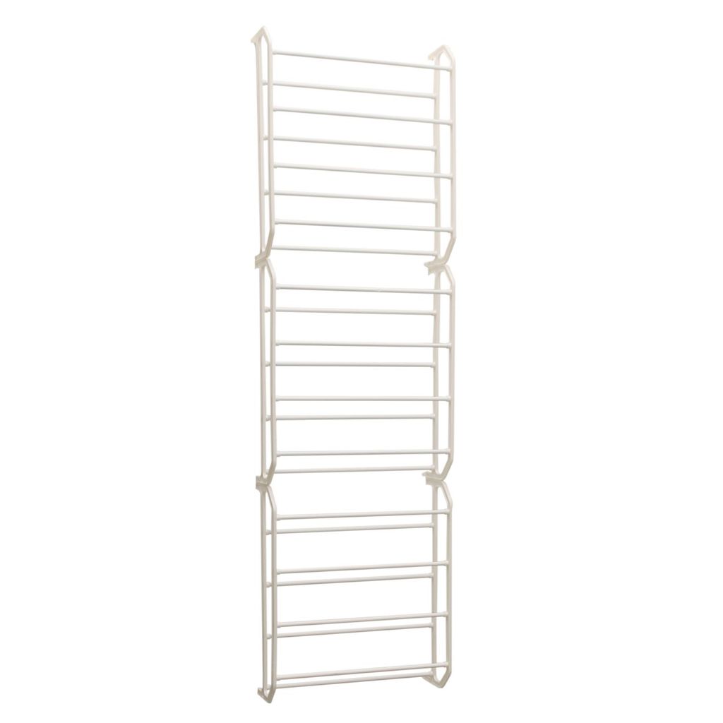 A white metal shoe rack with multiple shelves, hanging vertically against a white background.